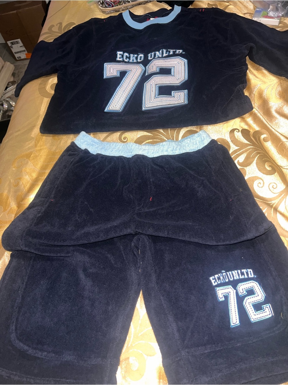 VTG Unltd Velour Tracksuit Set 72 Sweatshirt Shorts Blue Navy Y2K XL